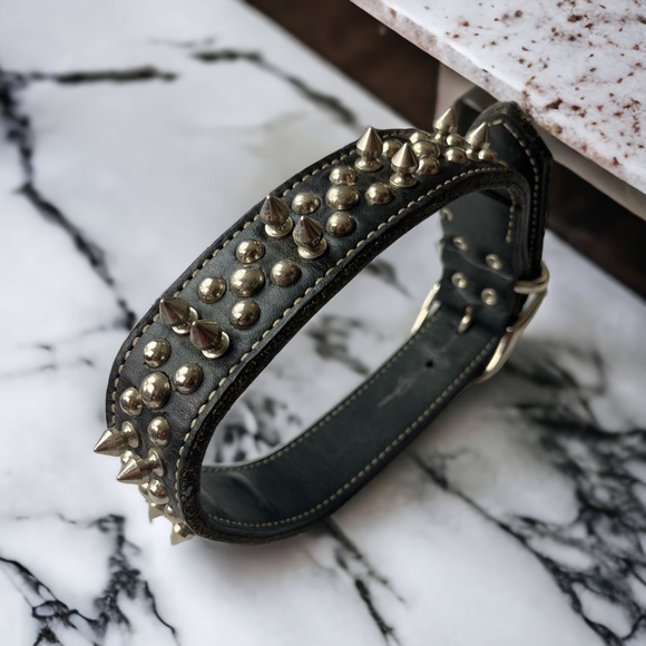 Spiked Studded Genuine Leather Adjustable  Dog Collar - Picture 11 of 12